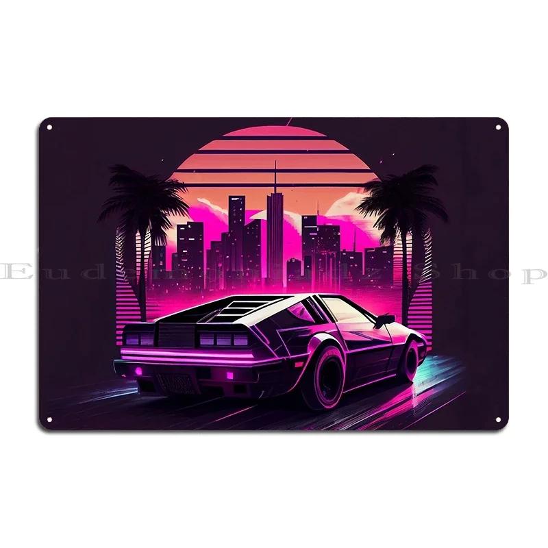 Shoreline Drifter Car Driving Towards Synthwave Sun Through s Miami Metal Plaque Printing Customize Tin Sign Poster