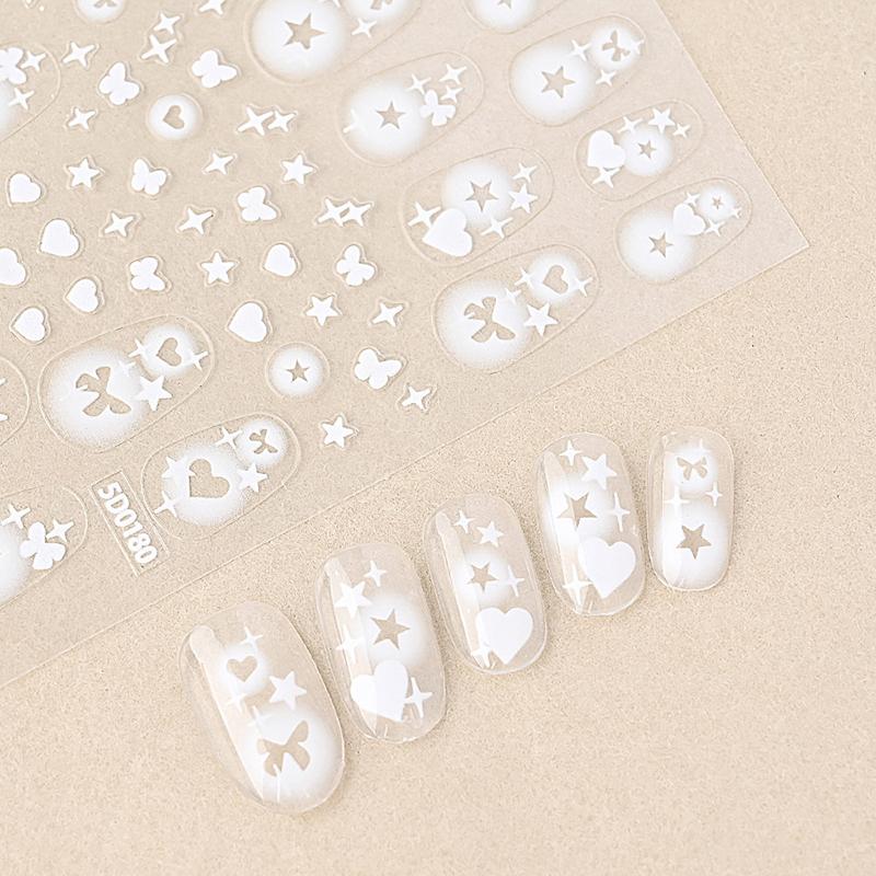 Halo Dyed Semi Transparent Hollow Butterfly Nail Sticker Love Star White Non Spray Nail Decoration Sticker
