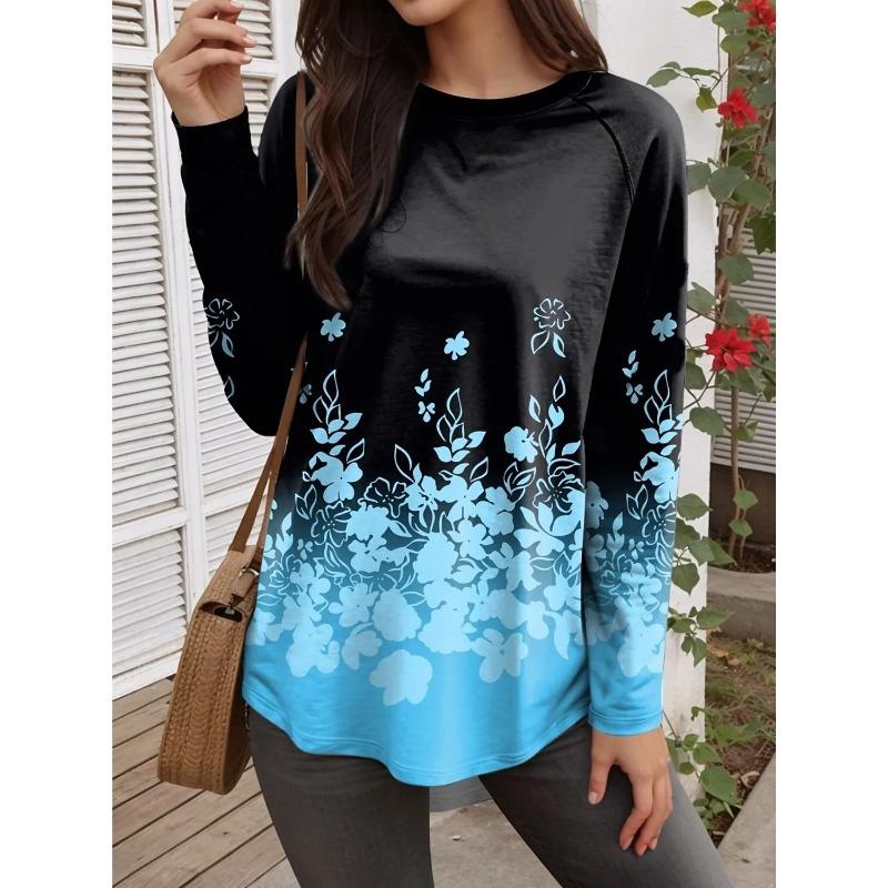 Summer Fashion Flower Graphics Elegant O-Neck Long Sleeve T-Shirts Casual Harajuku Pullover Tops