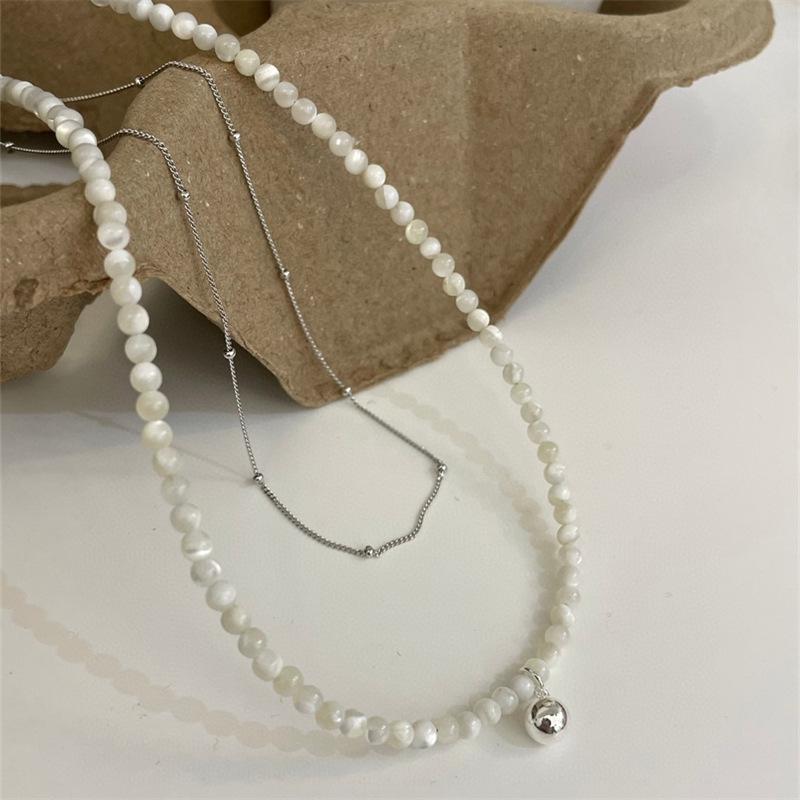 S925 Sterling Silver Double Layer White Shell Round Ball Necklace - Minimalist High-End Korean Spring/Summer Design.