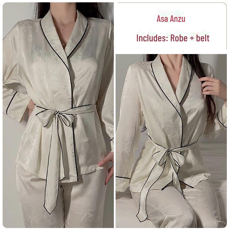 Guiruo Light Luxury Chinese Jacquard Satin Lingerie: Sexy Suspenders, Long Shorts, Outer Robe, Homewear 4-Piece Set.