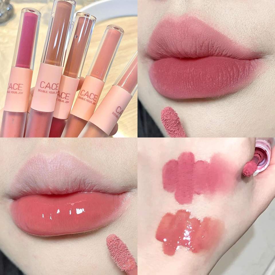 CACE Double Head Lesk na rty Sexy Red Lip Makeup Lip Mud Mirror Vodní lesk Lip Glaze Matná rtěnka Voděodolná korejská kosmetika