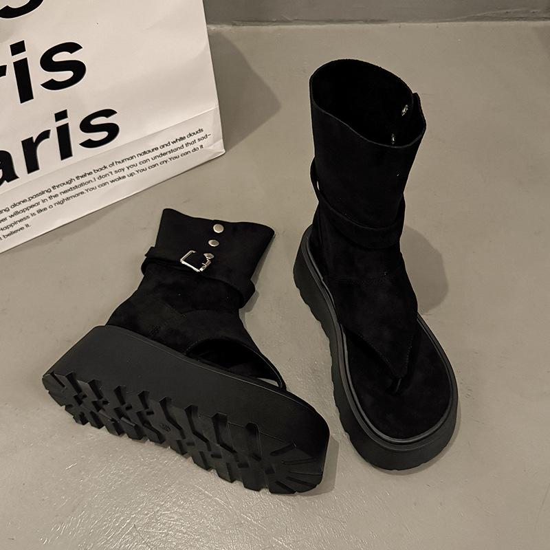 

Маффин толстоподошвенный увеличивающий рост набор сандалий с перемычкой для женщин 2025 новые летние ботинки западные ковбойские ботинки на наборном каблуке жмут ногу короткие ботинки 35 чёрный