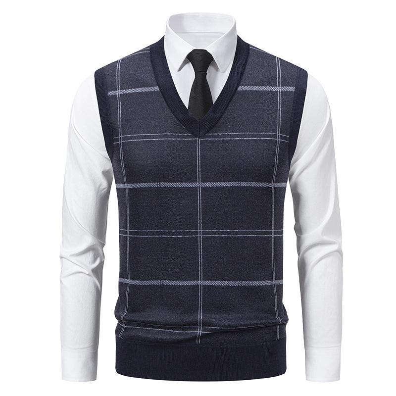 Men S Plaid Knitted Fleece Lined V Neck Sleeveless Pullover Vest L серый