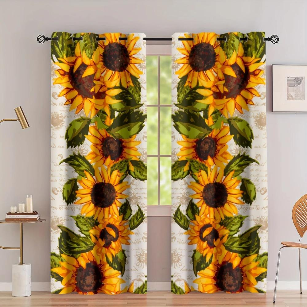 2pcs Sunflower Printed Curtain, Rod Pocket Window Treatment For Bedroom Office Kitchen Living Room Study Home Decor