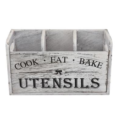 Organizador de Utensilios con 3 Compartimentos Encimera de Madera Almacenamiento Decoración de Cocina de Granja Blanco