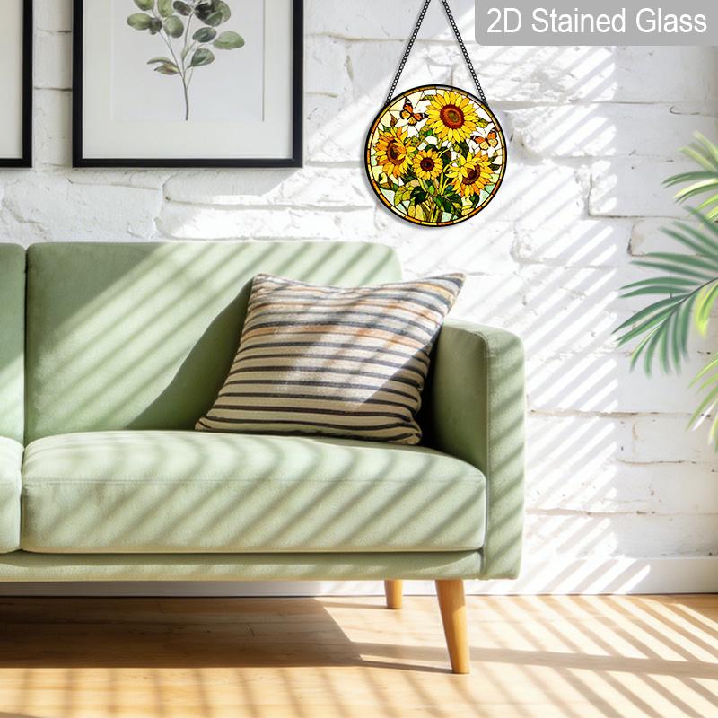 2D Flat Stained Glass Sunflower Window Decoration, 7.87inches Yellow Colored Glass Plate with Chain, Charming Spring Summer Home Decor, Unique