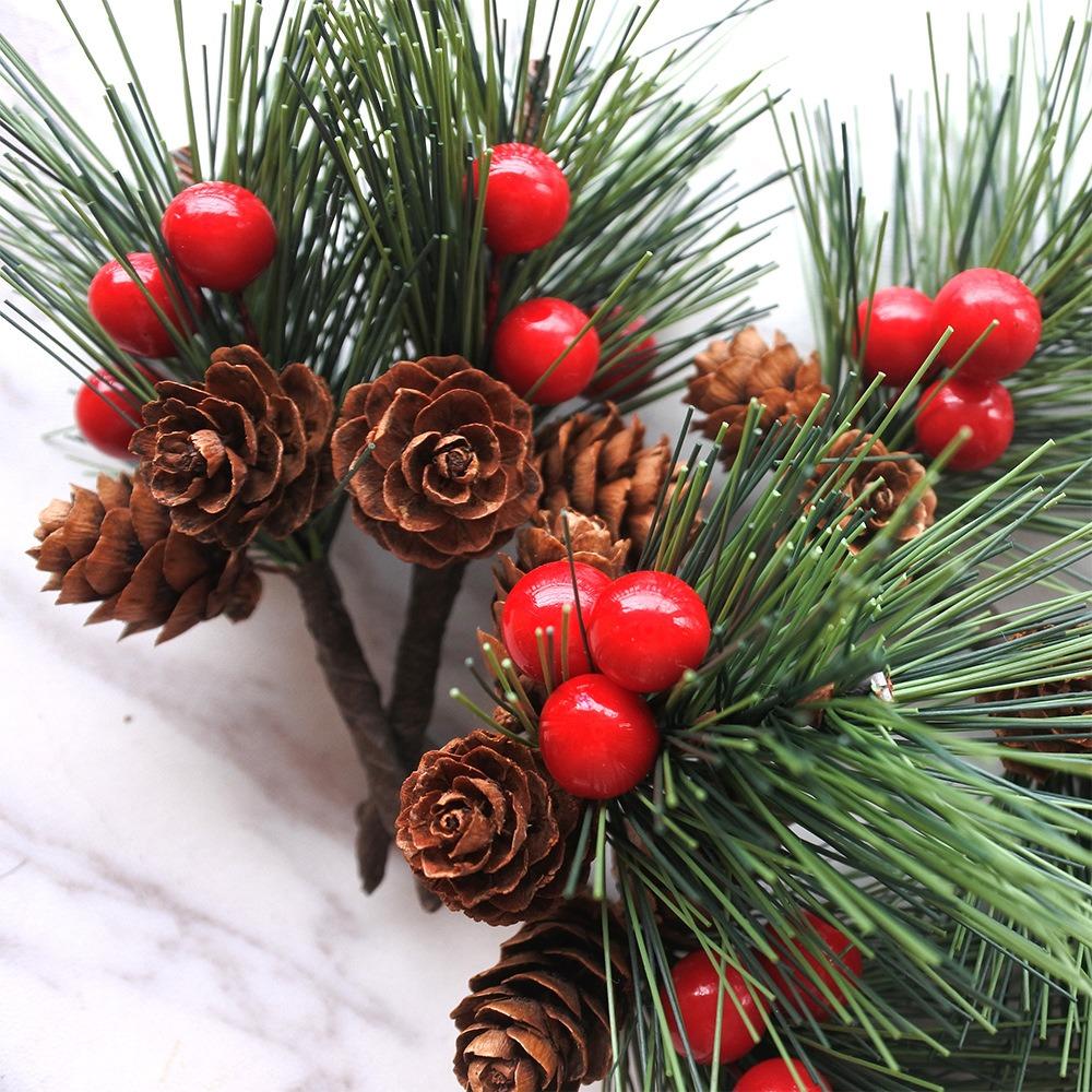 Christmas Pine Picks Artificial Red Berries Branches with Pinecone Stem for DIY Wreath  Navidad Party Decor Supplies