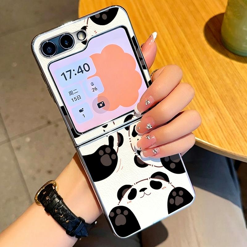 Lovely Baby Panda Print Case For Samsung Galaxy Z FlIP 7 FE 6 5 Z Flip7 Flip6 Flip5 Luxury Plating PC+PU Leather Hybrid Folding Phone Cover