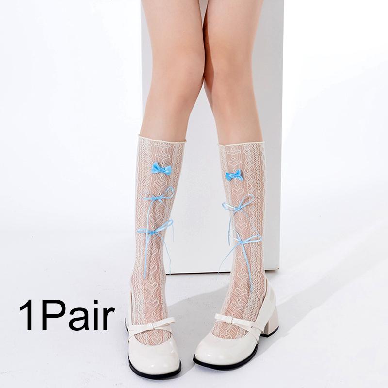 1Pair Lace Stockings Fairyism Sweat Absorption Sweet Middle Cylinder Korean Series Transparent Pile Socks Butterfly Knot
