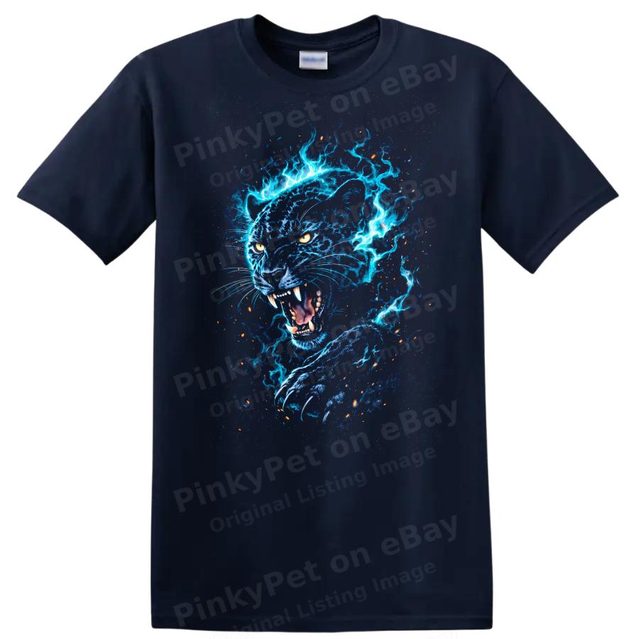 Blue Panther Electric Glow T Shirt Graphic Animal Wild Tee Art Design