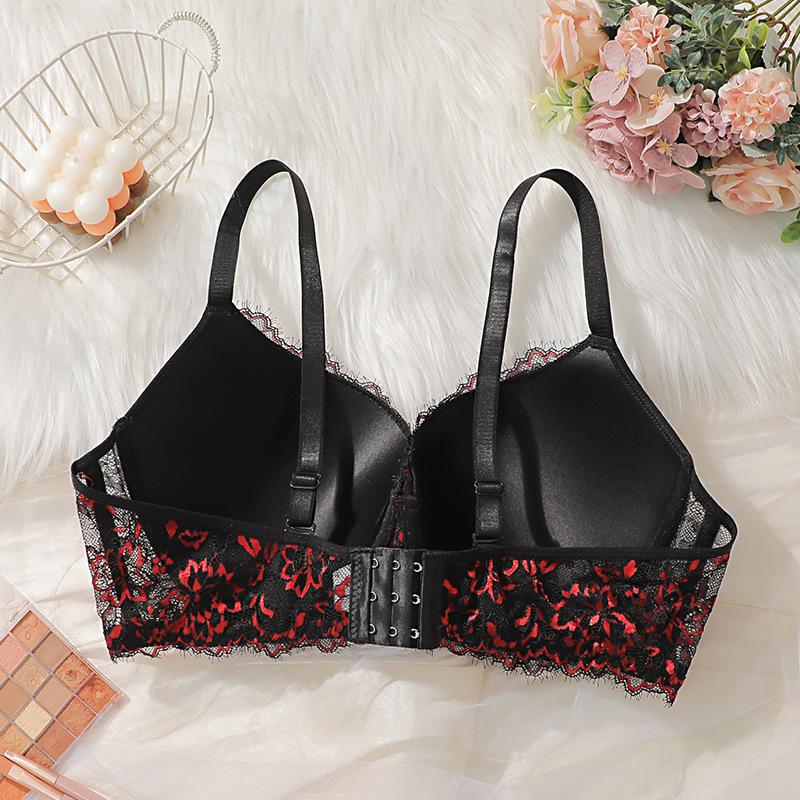 Black and Red Gathered Large Size Bra To Prevent Sagging and Side Breasts Full Cup Lace Sexy Women's Underwear
