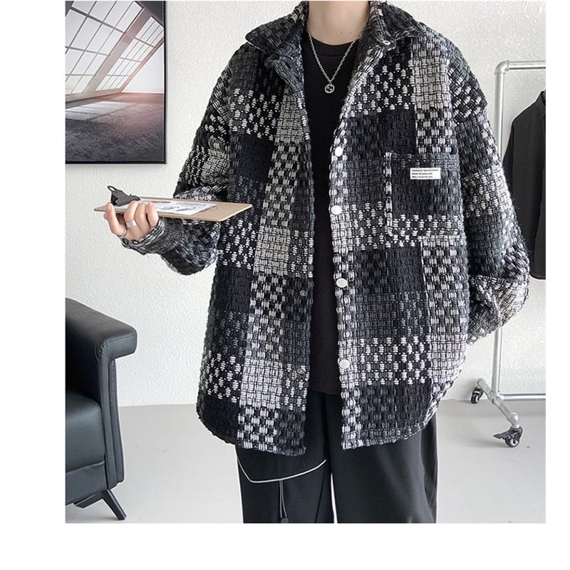 Men's Plaid Tweed Jacket Casual Button Down Shacket Coat Long Sleeve Loose Fit Streetwear Autumn Winter Fashion Outerwear