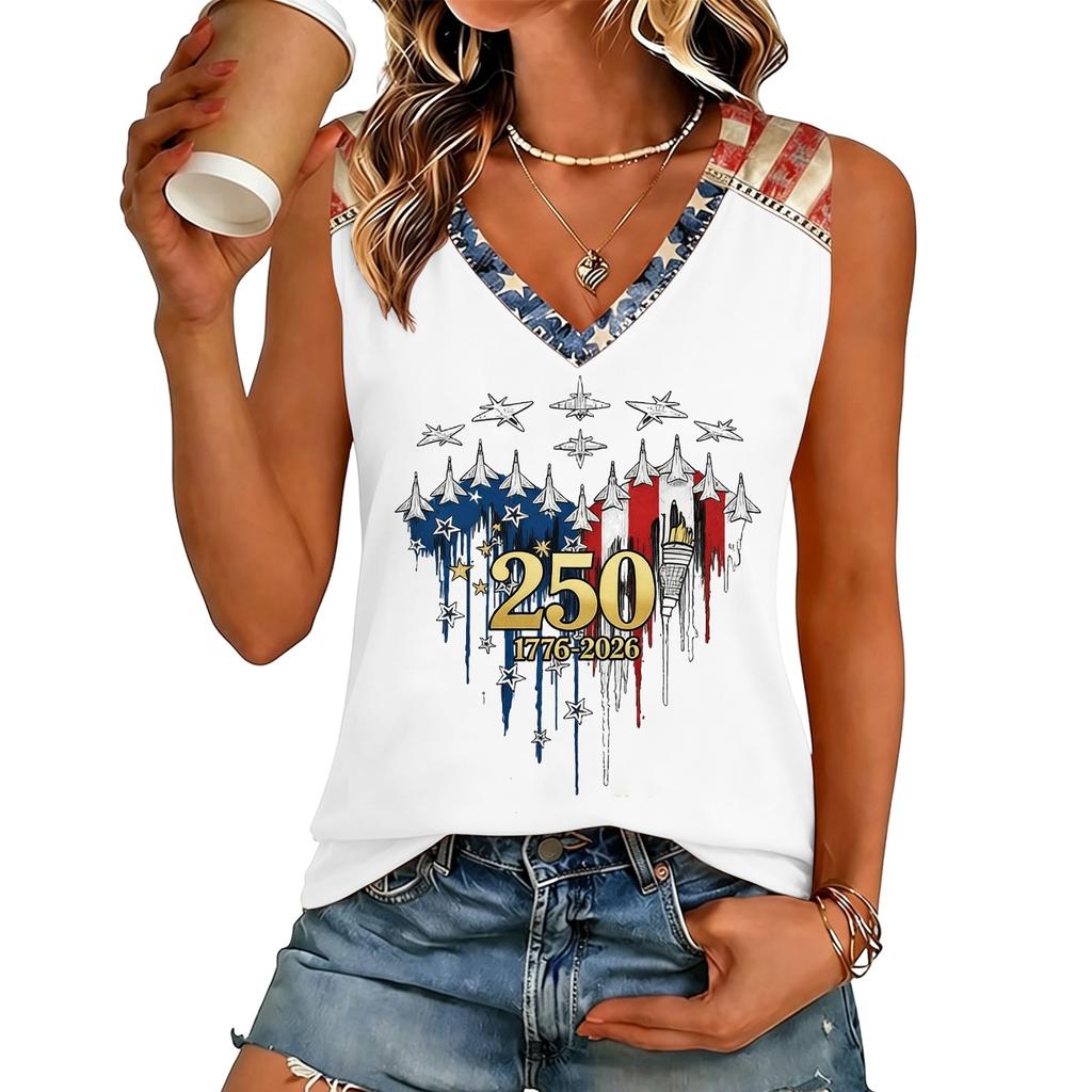 Women’s V Neck Sleeveless Casual Independence Day Butterfly Print Top Patriotic Holiday Tank Shirt for Summer Outings