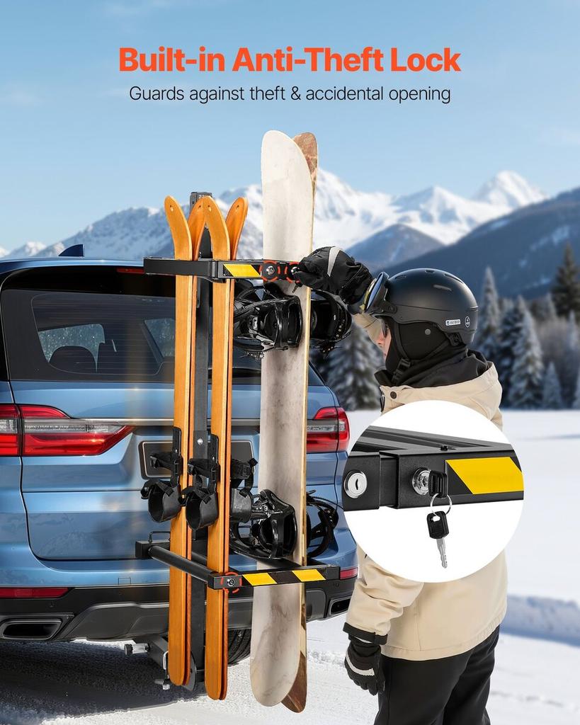 Klappbarer Ski- und Snowboardträger für die Anhängerkupplung, Passend für 50 mm Receiver, Trägt bis zu 6 Paar Ski oder 4 Snowboards, Verstellbarer, an der Anhängerkupplung montierbarer Träger für das Auto