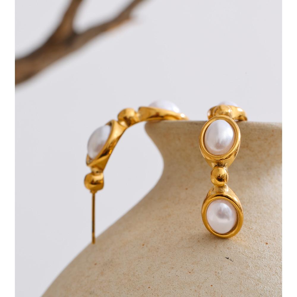 Yhpup Simulated Pearls C-Shape Hoop Earrings for All Occasions Stainless Steel Vintage Fashion Korean Daily Basic Jewelry Gift