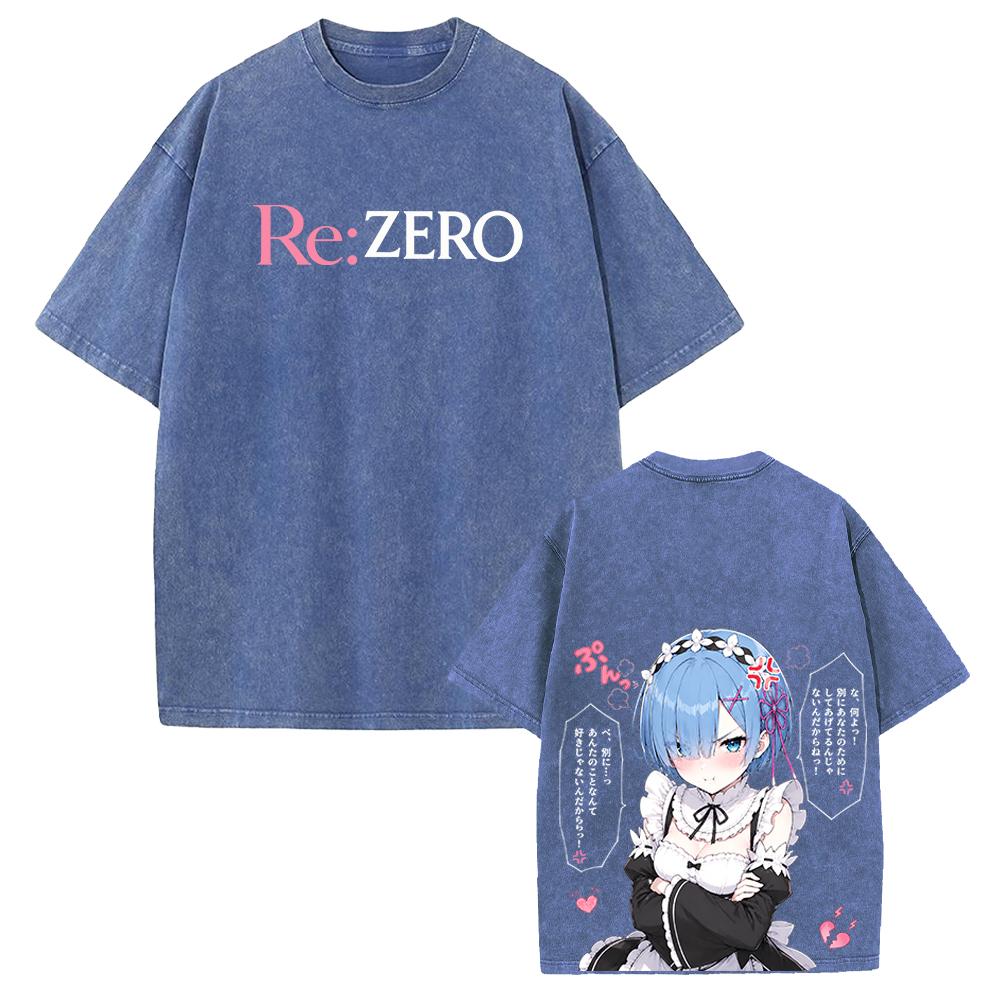 Cute Rem Re:ZERO Anime Printed T-shirt Harajuku Vintage Washed T Shirt Men Clothing Oversized Short Sleeve Cotton Tees Tops