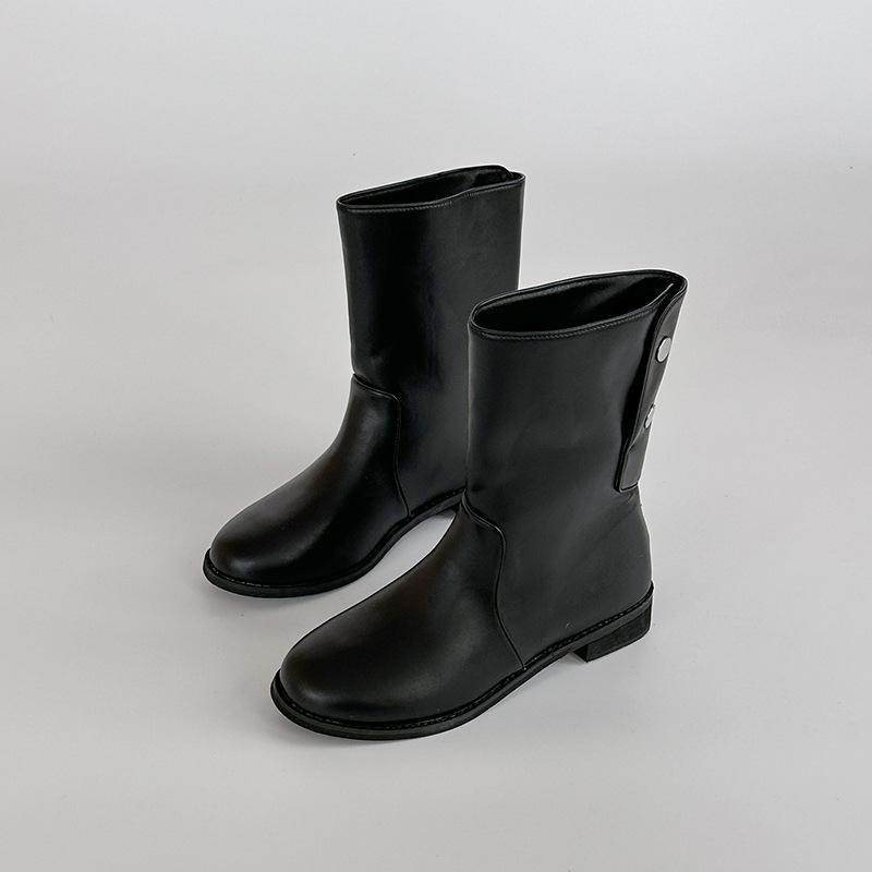 

Fashion solid color high-heeled leather boots versatile thick-heeled Martin boots women s autumn and winter retro round head with skirt simple short 40 чёрный