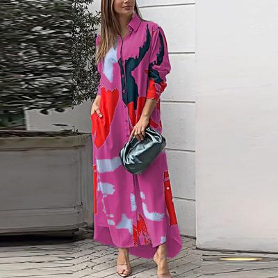 Women's Long-sleeved Lapel Casual Long Printed Shirt Dress