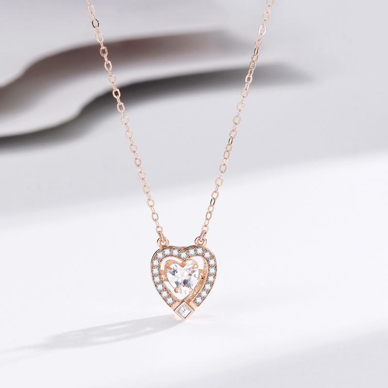 S925 Sterling Silver Korean Style Heart Necklace with Diamond-Inlaid Pendant for Women 925 Silver