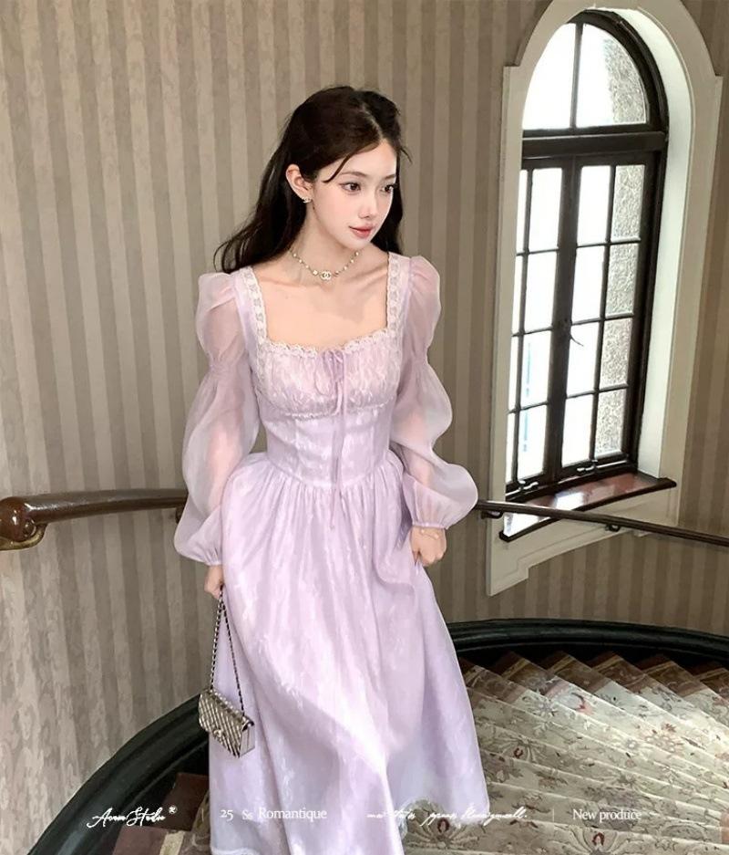 Fresh Purple Long Square Neck Long-sleeved Dress Women's Summer French Retro Daughter Style Temperament Waist Skirt