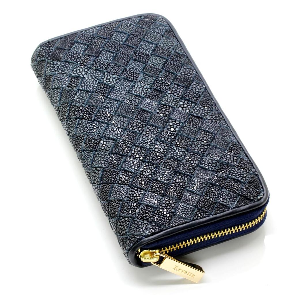 [Revetta] Stingray Leather Intrecciato Long Wallet, Galuchat, Stingray, Navy, Men's & Women's, Round Zipper, Genuine Leather [241stw]