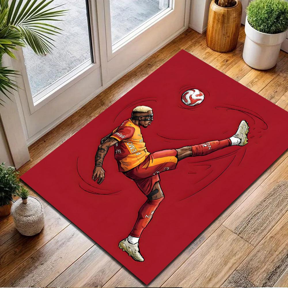 "Soccer Player In Action On Red" Patterned Carpet, Non Slip Mat Suitable for Living Room and Bedroom Sofas