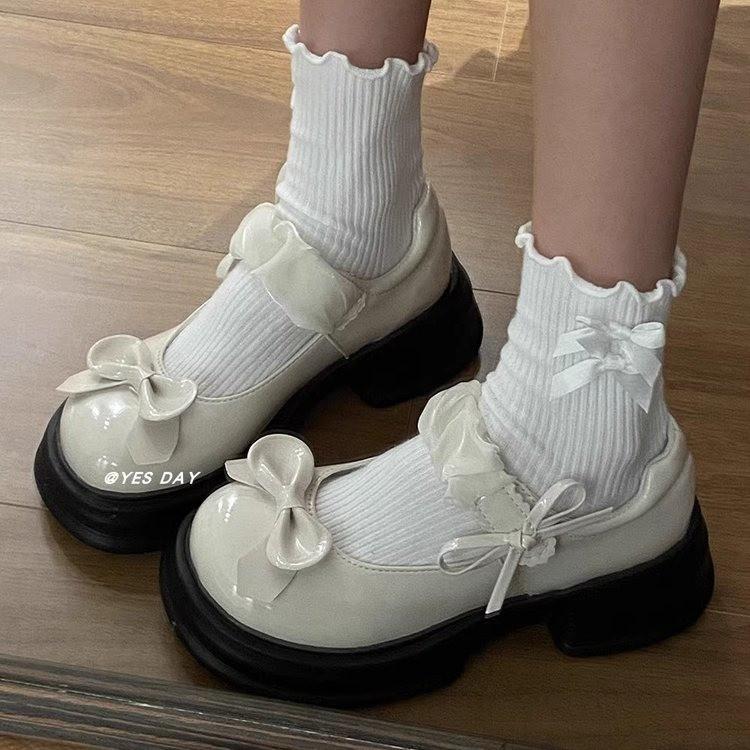 Fashion Shoes Oxfords Women's Black Flats Female Footwear British Style Bow-Knot Leather Retro Dress Preppy Butterfly PU Rome Hoof Heels