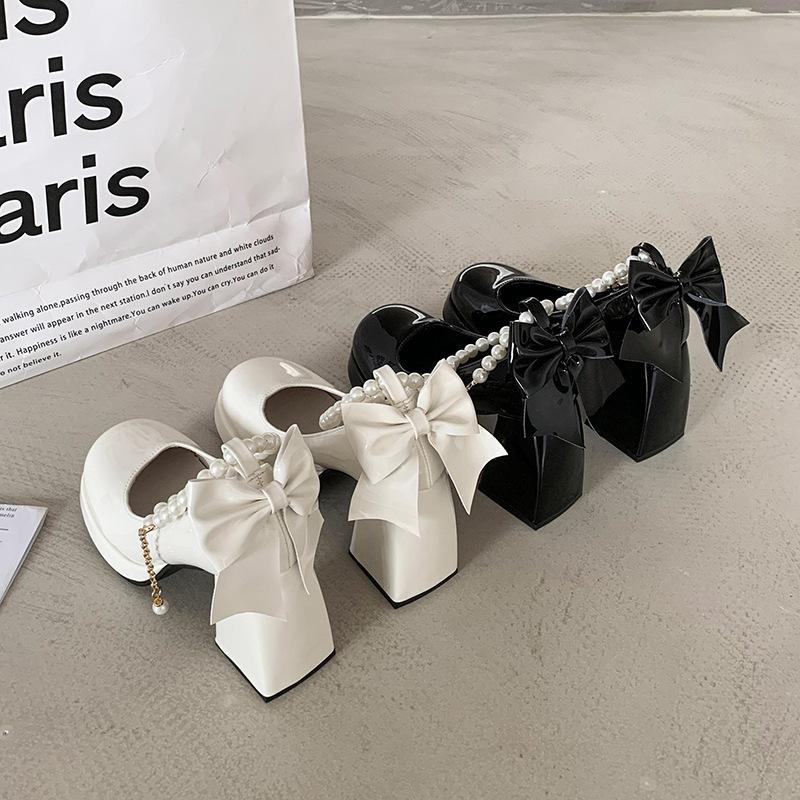 Japanese Solid Color Mary Jane Women's Shoes Bow Super High Heel Light Heel Thick Heel Pearl Buckle Waterproof Table Fashion Shoes
