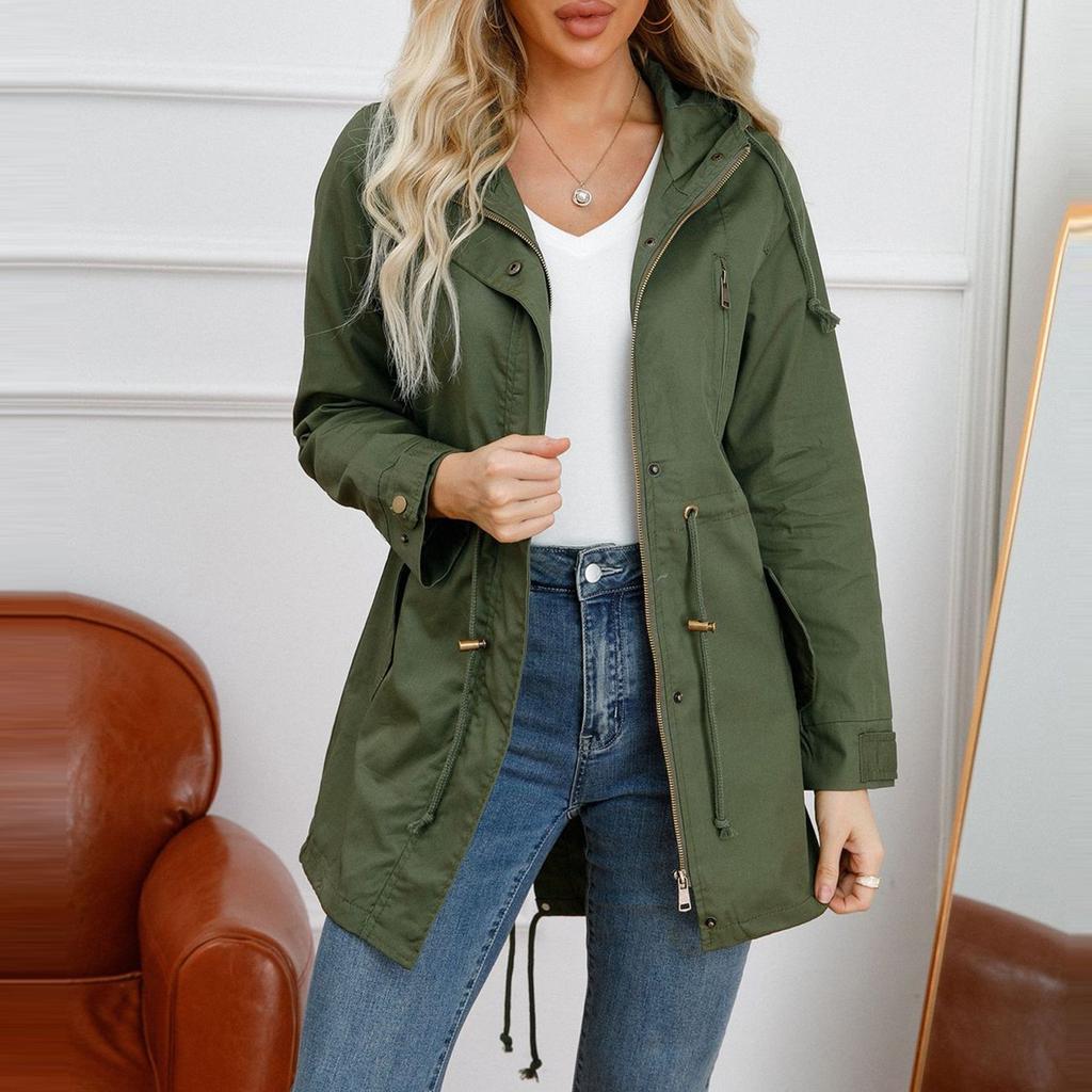 Damen Trenchcoat aus Baumwolle mit Kapuze und lockerem Schnitt, Frühlings- und Herbstmantel