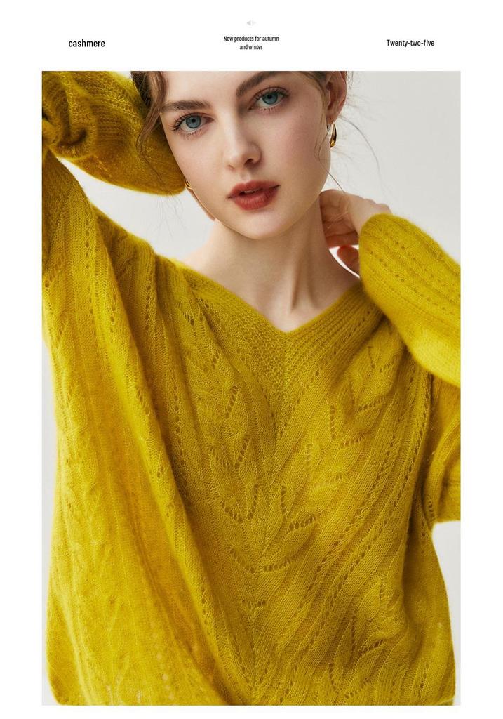 2025 Autumn/Winter Women's Leaf Pattern V-Neck Cashmere Knit Sweater Jumper