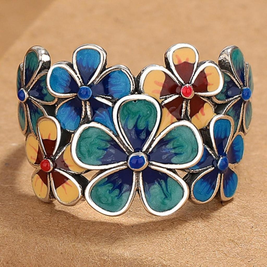 1PC Flowering Ring Women's Atmosphere Retro Ethnic Style Opening Adjustable Creative Index Finger Ring