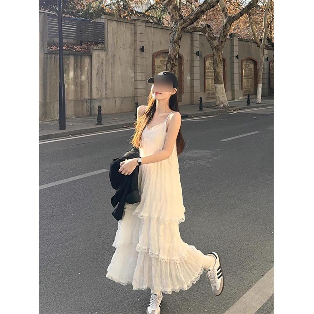 

Элегантное французское кружевное платье на подтяжках в морском стиле - Летняя белая длинная юбка S (within 90 jin)