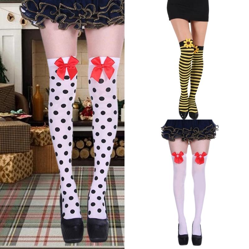 Sweet Bowknot Accent Thigh High Long Socks for Women Halloween Cosplay Parties Fishnet Striped Thigh High Stockings