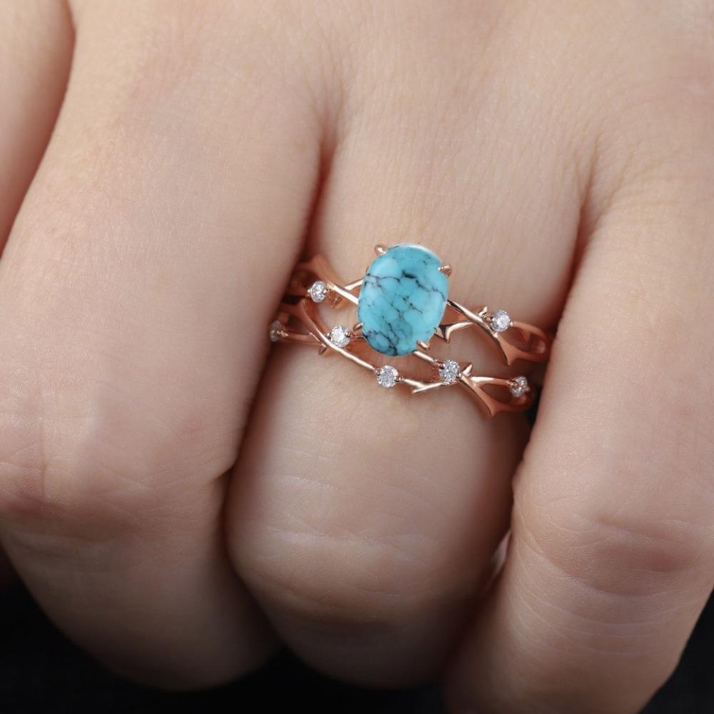 

Роскошное новое кольцо из розового золота с инкрустацией голубой бирюзой, ретро, простое парное кольцо с ветвью в виде креста, женская модель No. 7