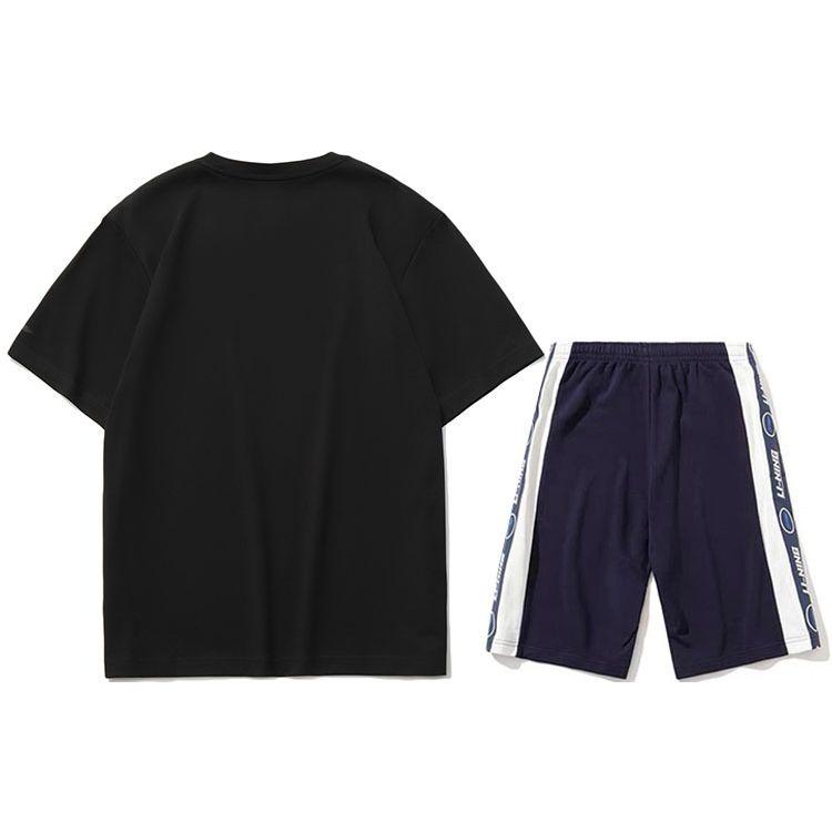 Li Ning Sports Fashion Series Round Neck Short Sleeve T-Shirt And Shorts Set Men sets Blue Black AKSS983-2+AHSR340-12