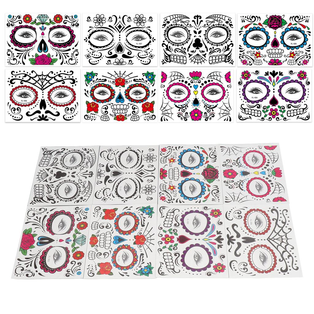 8 Sheet Halloween Face Makeup Tattoo Sticker Water Transfer Temporary Face Tattoo Sticker Set