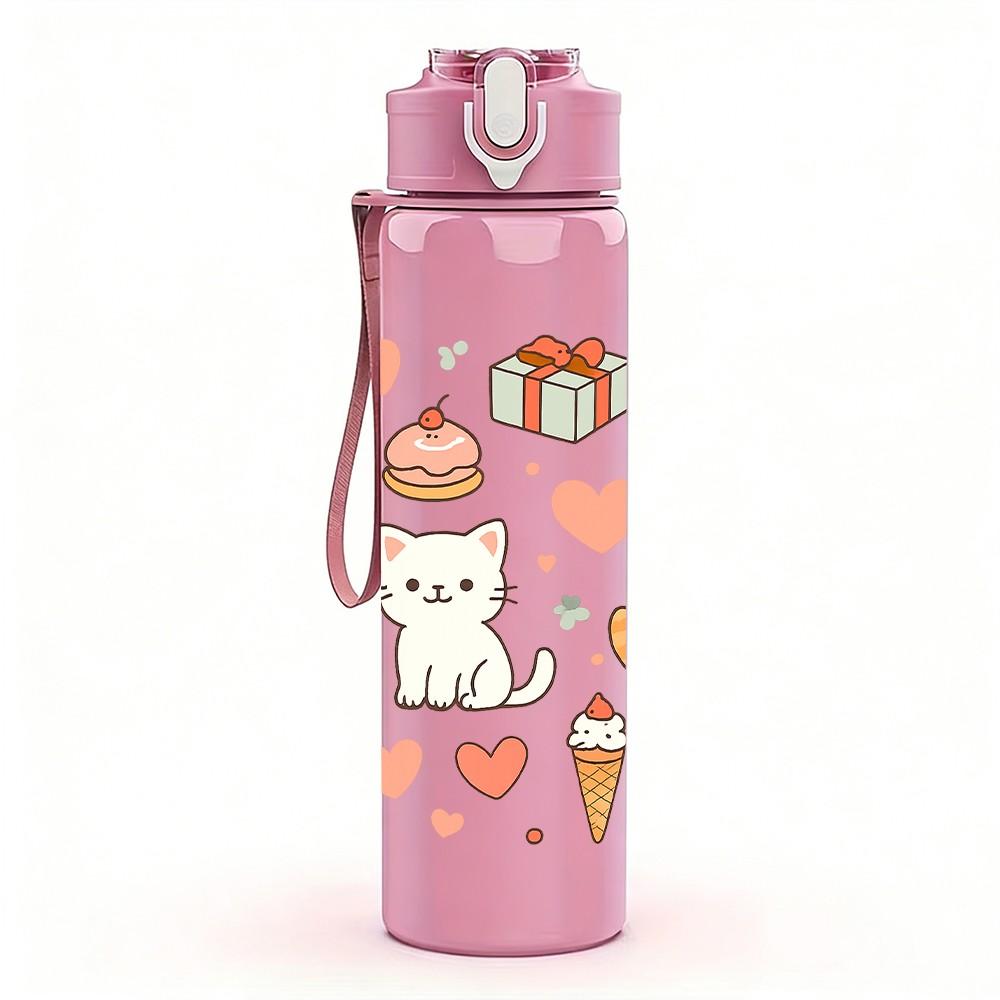 1PC Cute Cat Heart Repeat Pattern 750ml Color Plastic Sports Water Bottle Leakproof Flip Straw Lid Suitable for Sports Office Home Use