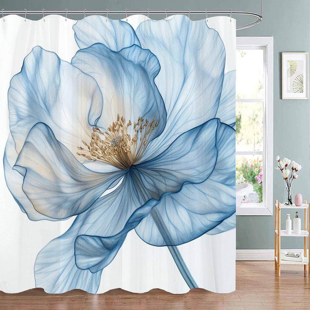Beautiful Blue Flowers Shower Curtain, Floral Art Bathroom Decorative Shower Curtain, Print Polyester Fabric Curtain with Hooks