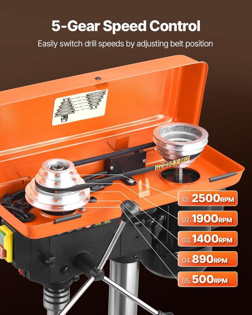 203.2mm Benchtop Drill Press, 500W Induction Motor, Tabletop Drilling Machine with 500 / 890 / 1400 / 1900 / 2500 RPM Adjustable Speed, 0-45° Tilting