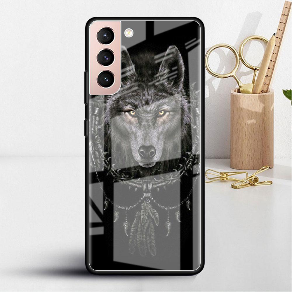 Glass Case For Samsung Galaxy S22 S20 FE S21 Plus Phone Cover S10 5G S9 Note 20 Ultra 10 Lite Shell Wolf Lion Animal