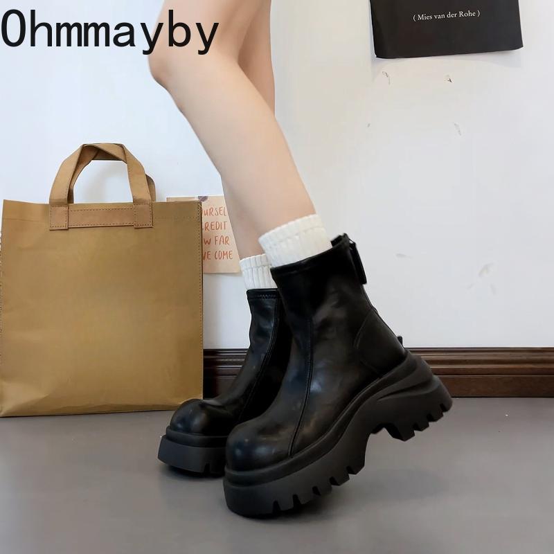 British Style Platform Height Increase Women Short Boots Autumn Winter Ladies Chunky Motorcycle Boots