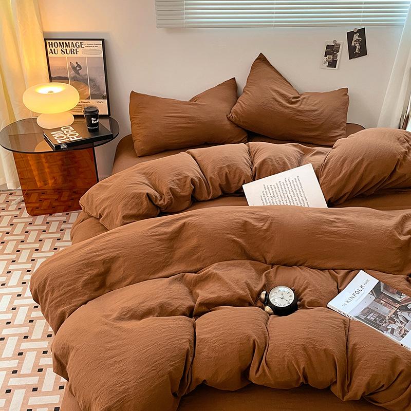 Four-piece Set for Sleeping Naked On Winter Bed, Washed Cotton Sheets, Quilt Cover, Fitted Sheet, Three-piece Set for College Dormitory