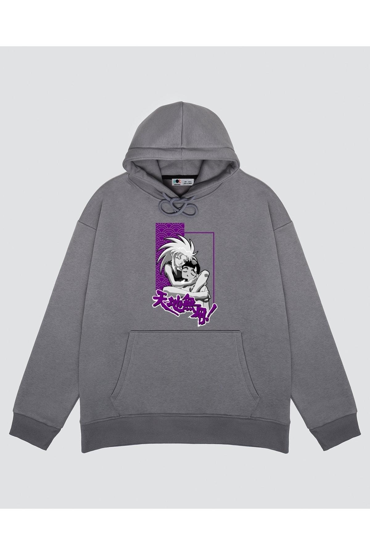 

Unisex Gri Kapşonlu Sweatshirt Ryoko And Tenchi