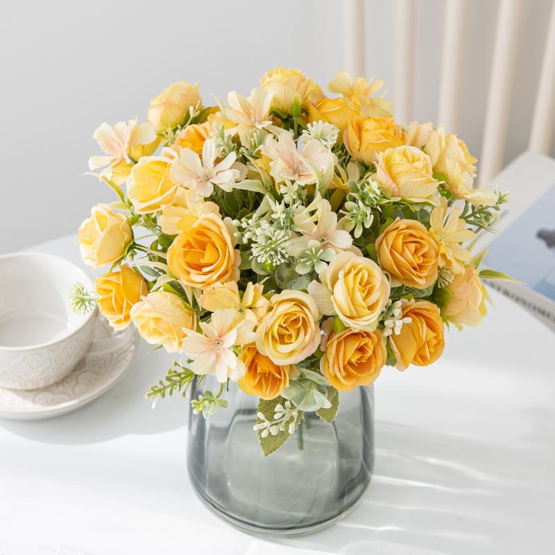 1Pc Artificial Flowers Wedding Home Bedroom Decoration Bridal Bouquet Garden Fake Silk Roses Hydrangeas Vase For Board Outdoors