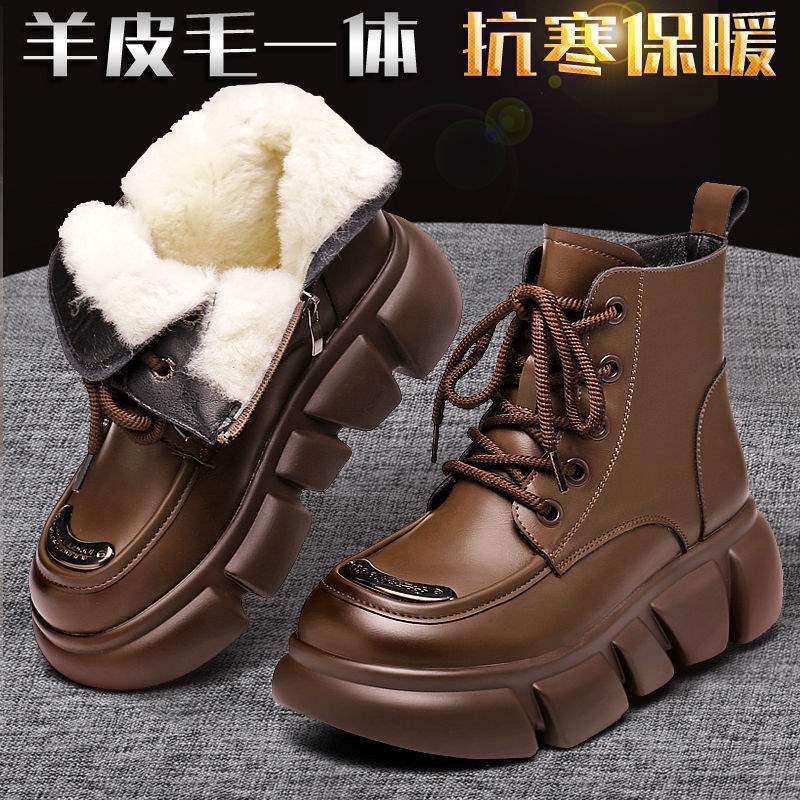 Fur integrated snow boots women's winter real soft leather cotton boots women's thick-soled Martin boots women's short boots thickened warm cotton 