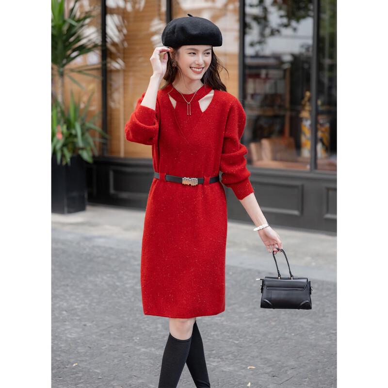 Women's Winter Waist-Cinching Knitted Sweater Dress with Belt