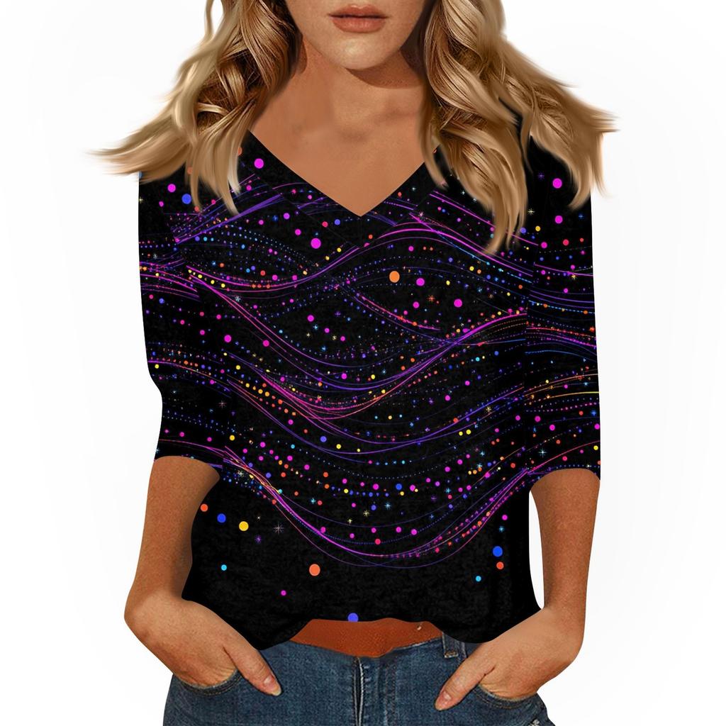 Women's Tops Three-quarter Sleeve Shirt V-neck Loose Casual Shirt Print T-shirt