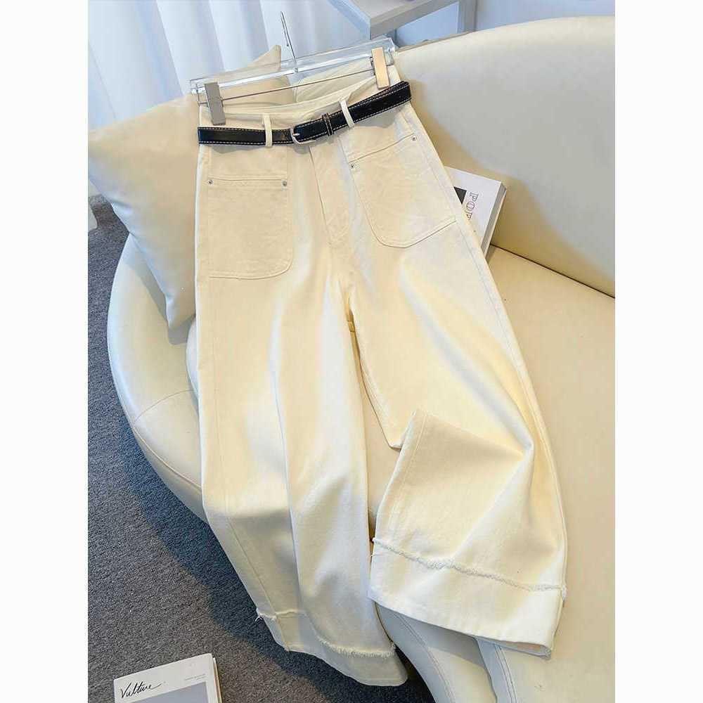 Women's White High-Waisted Wide-Leg Stretch Jeans with Rolled Hem - 2026 Spring Collection