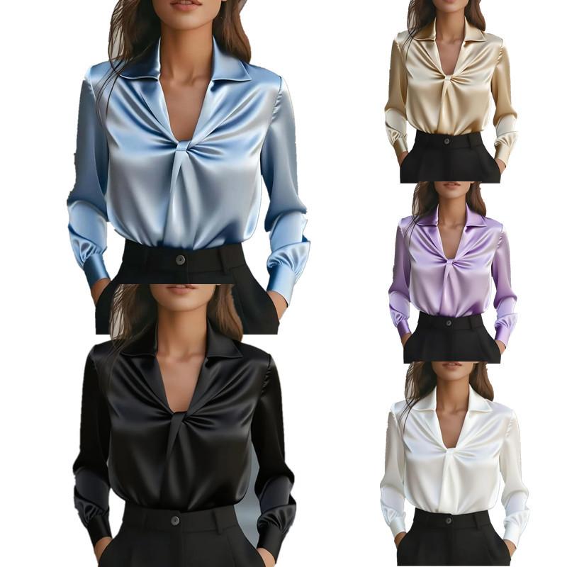 European and American Temperament Elegant Solid Color Wrinkled Long-sleeved V-neck Pullover Shirt Women's Clothing
